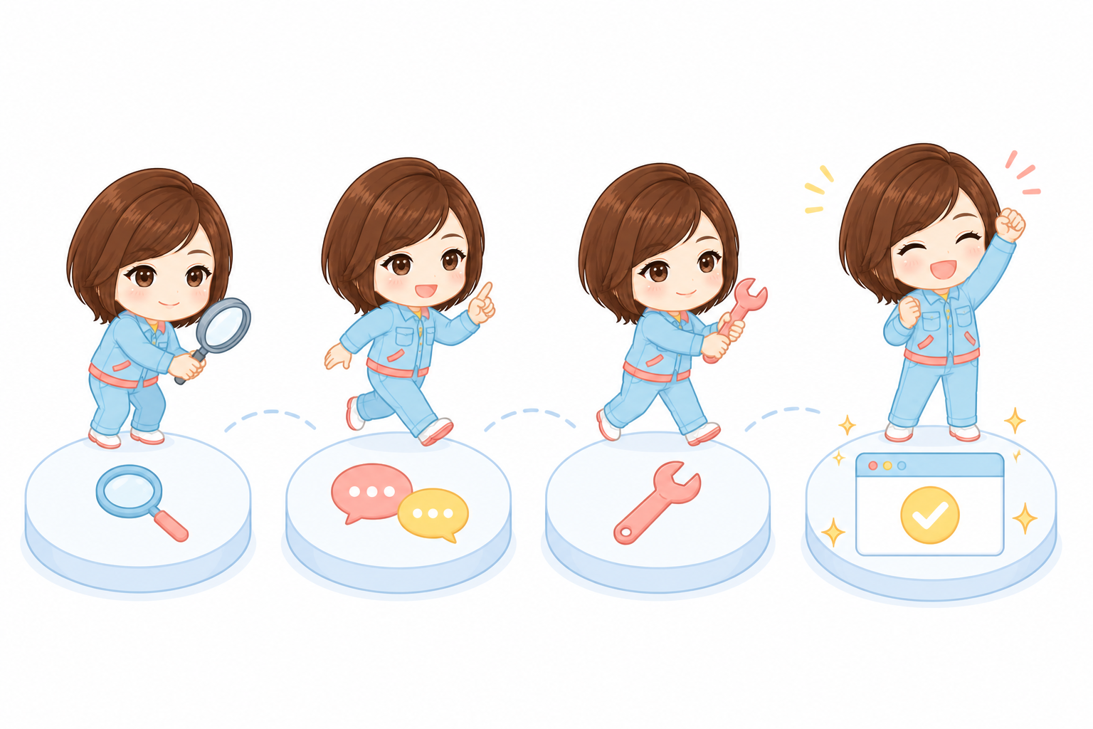 診断から修正までの4ステップを表すイラスト