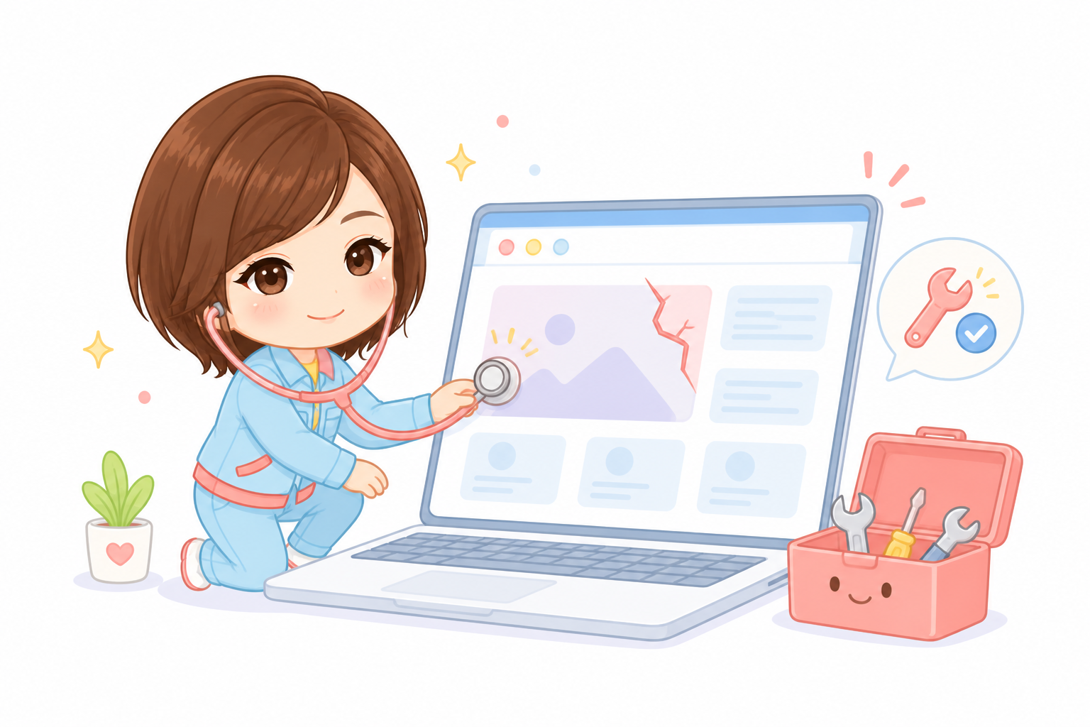 ホームページを診察する町医者のイラスト