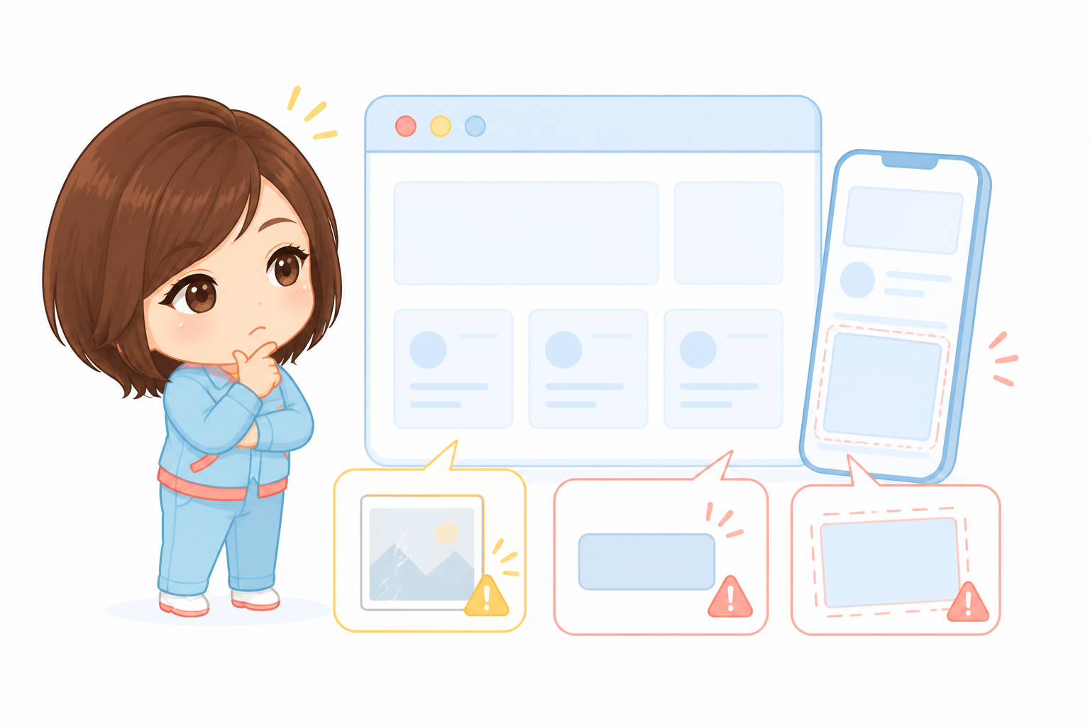 ホームページの不具合に悩む様子のイラスト